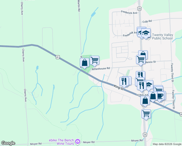 map of restaurants, bars, coffee shops, grocery stores, and more near 3578 Niagara Regional Road 81 in Lincoln
