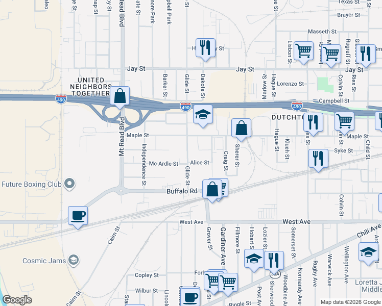 map of restaurants, bars, coffee shops, grocery stores, and more near 45 Alice Street in Rochester