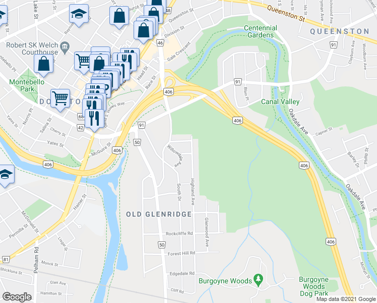 map of restaurants, bars, coffee shops, grocery stores, and more near 9 Pinehill Road in St. Catharines