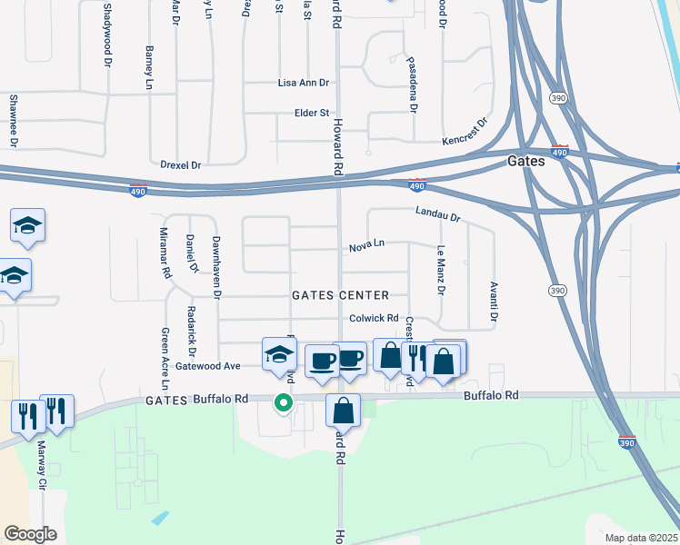 map of restaurants, bars, coffee shops, grocery stores, and more near Howard Road & Castlewood Drive in Gates-North Gates