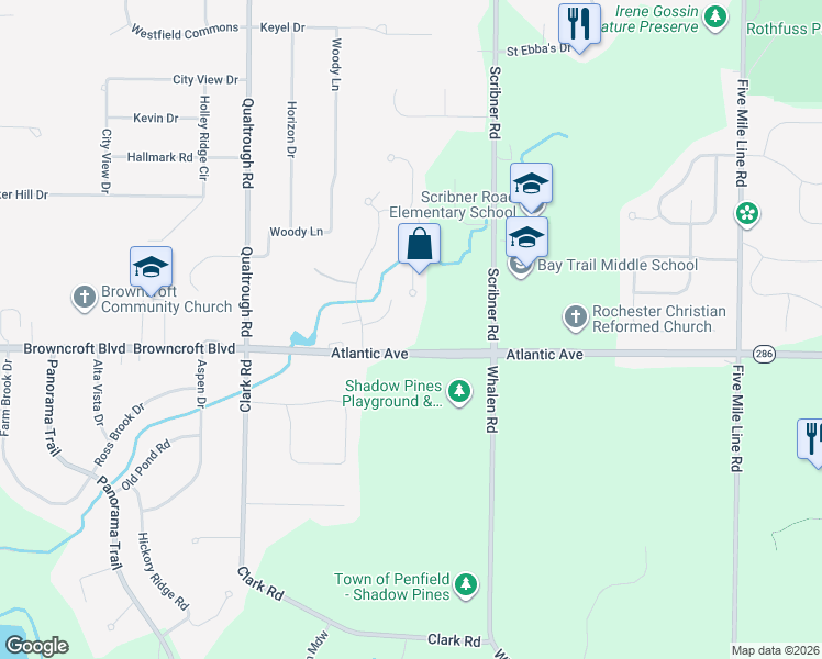 map of restaurants, bars, coffee shops, grocery stores, and more near 2684 Atlantic Avenue in Rochester