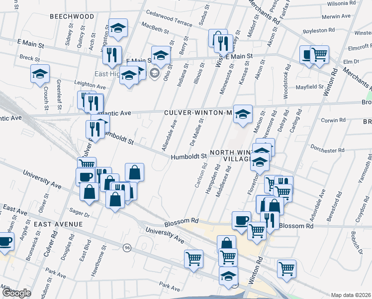 map of restaurants, bars, coffee shops, grocery stores, and more near in Rochester