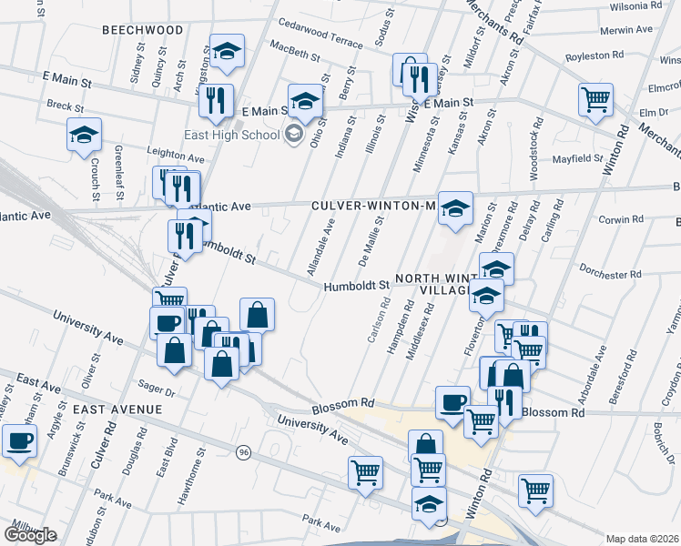 map of restaurants, bars, coffee shops, grocery stores, and more near in Rochester