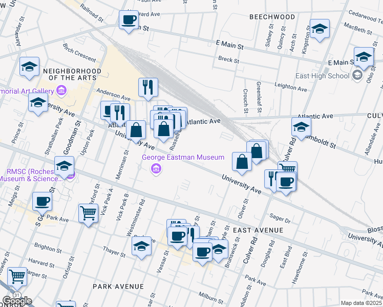 map of restaurants, bars, coffee shops, grocery stores, and more near 975 University Avenue in Rochester