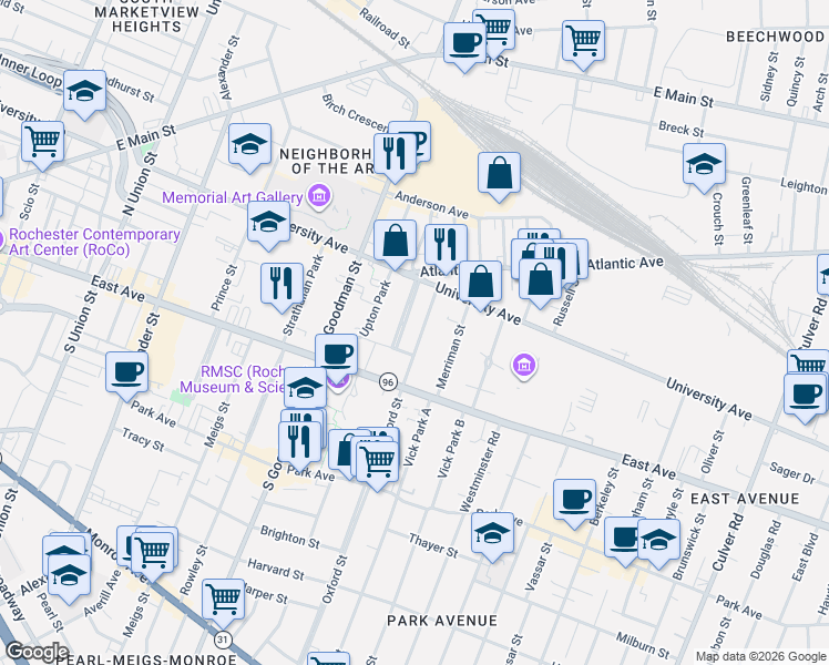 map of restaurants, bars, coffee shops, grocery stores, and more near 97 Oxford Street in Rochester