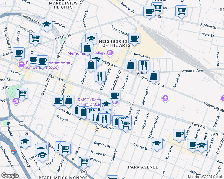 map of restaurants, bars, coffee shops, grocery stores, and more near 630 East Avenue in Rochester