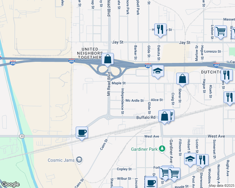 map of restaurants, bars, coffee shops, grocery stores, and more near 133 Independence Street in Rochester