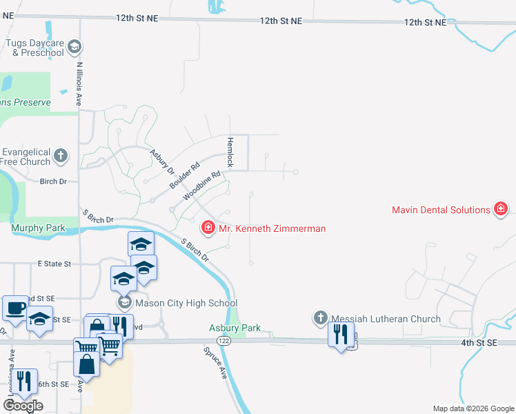 map of restaurants, bars, coffee shops, grocery stores, and more near 201 Red Fox Ct in Mason City
