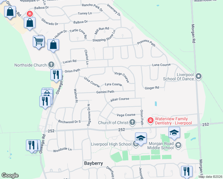 map of restaurants, bars, coffee shops, grocery stores, and more near 4243 Altair Course in Liverpool