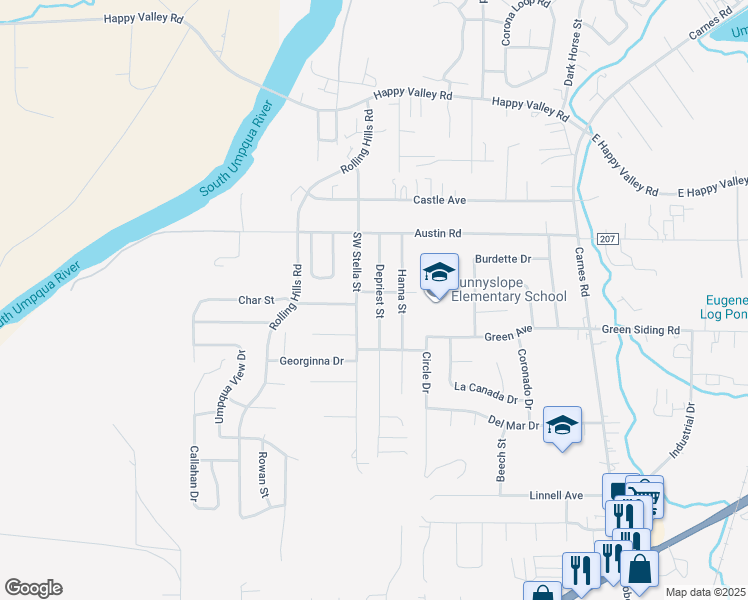 map of restaurants, bars, coffee shops, grocery stores, and more near 4210 Depriest Street in Roseburg