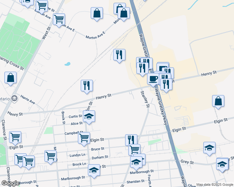 map of restaurants, bars, coffee shops, grocery stores, and more near Henry Street in Brantford