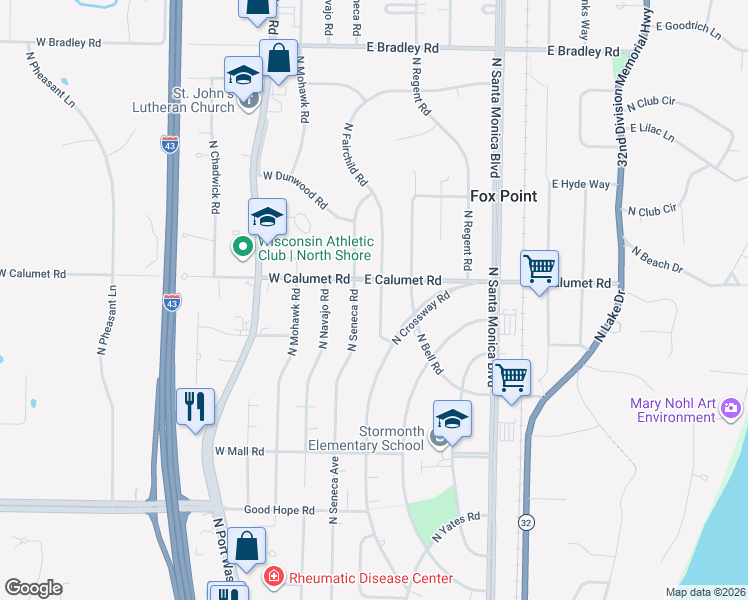 map of restaurants, bars, coffee shops, grocery stores, and more near 7515 North Fairchild Road in Fox Point