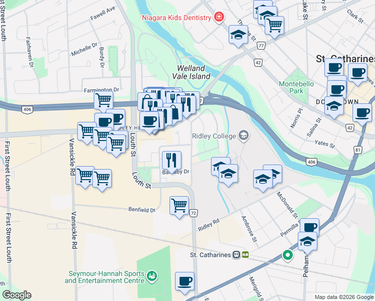 map of restaurants, bars, coffee shops, grocery stores, and more near in St. Catharines