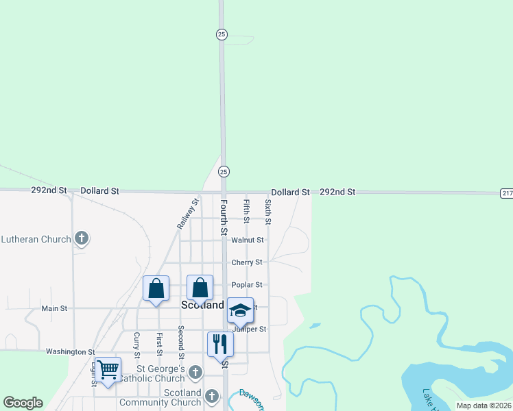 map of restaurants, bars, coffee shops, grocery stores, and more near 111 292nd Street in Scotland