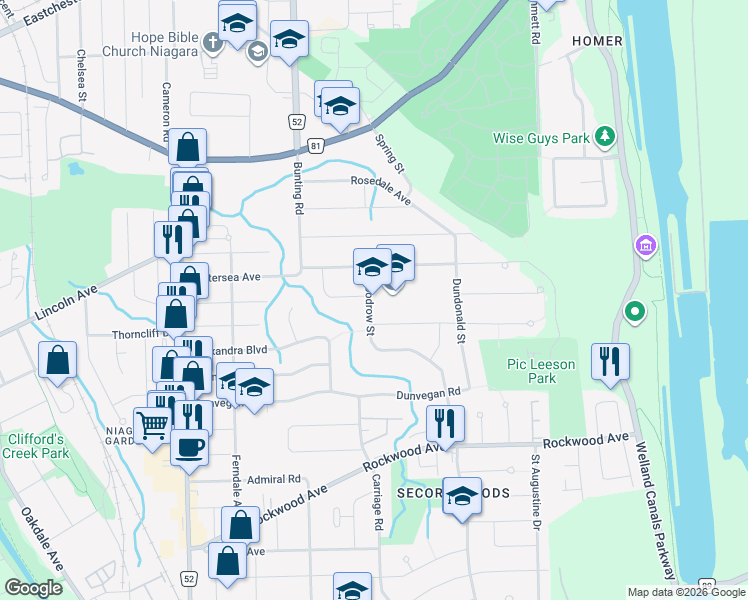 map of restaurants, bars, coffee shops, grocery stores, and more near 31 Woodrow Street in St. Catharines