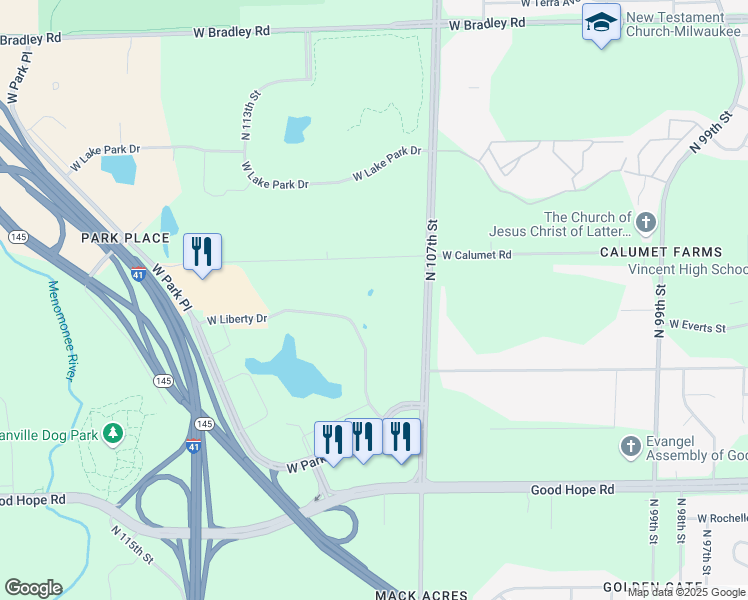 map of restaurants, bars, coffee shops, grocery stores, and more near 11050 West Liberty Drive in Milwaukee