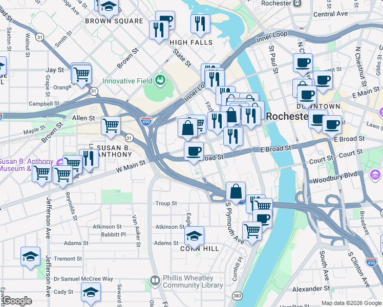 map of restaurants, bars, coffee shops, grocery stores, and more near 7 North Washington Street in Rochester