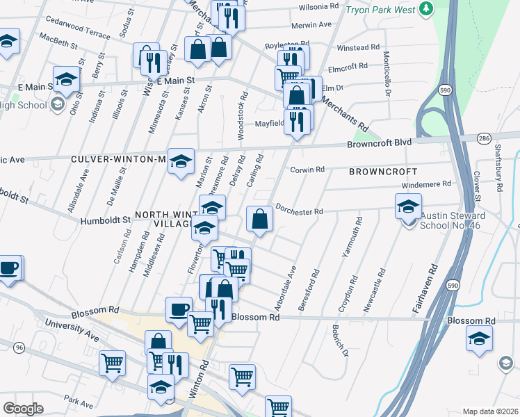 map of restaurants, bars, coffee shops, grocery stores, and more near 294 Carling Road in Rochester