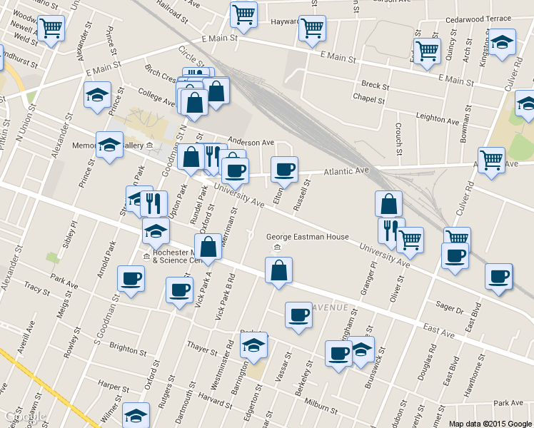 map of restaurants, bars, coffee shops, grocery stores, and more near 13 Elton Street in Rochester