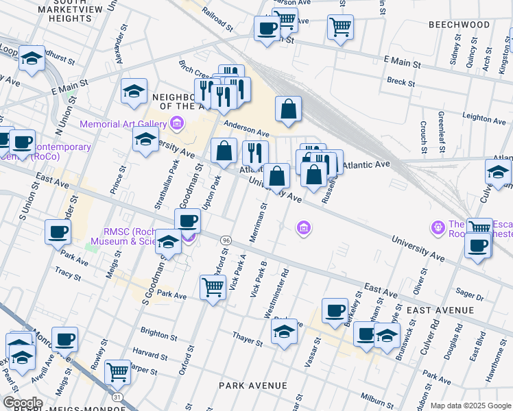 map of restaurants, bars, coffee shops, grocery stores, and more near 745 University Avenue in Rochester