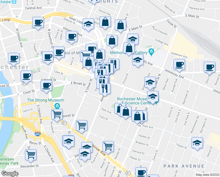 map of restaurants, bars, coffee shops, grocery stores, and more near 400 East Avenue in Rochester