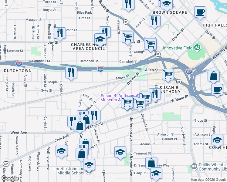map of restaurants, bars, coffee shops, grocery stores, and more near 7 Dengler Street in Rochester