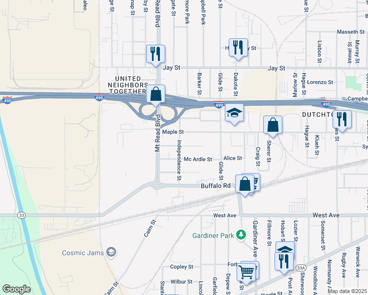 map of restaurants, bars, coffee shops, grocery stores, and more near 209 Independence Street in Rochester