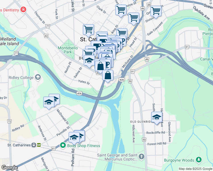 map of restaurants, bars, coffee shops, grocery stores, and more near 5 Saint Paul Crescent in St. Catharines