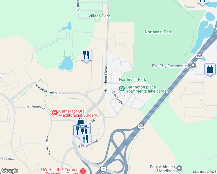 map of restaurants, bars, coffee shops, grocery stores, and more near 5595 Tancho Drive in Madison