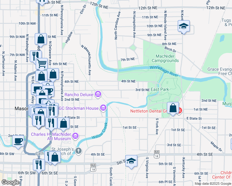 map of restaurants, bars, coffee shops, grocery stores, and more near 616 3rd Street Northeast in Mason City
