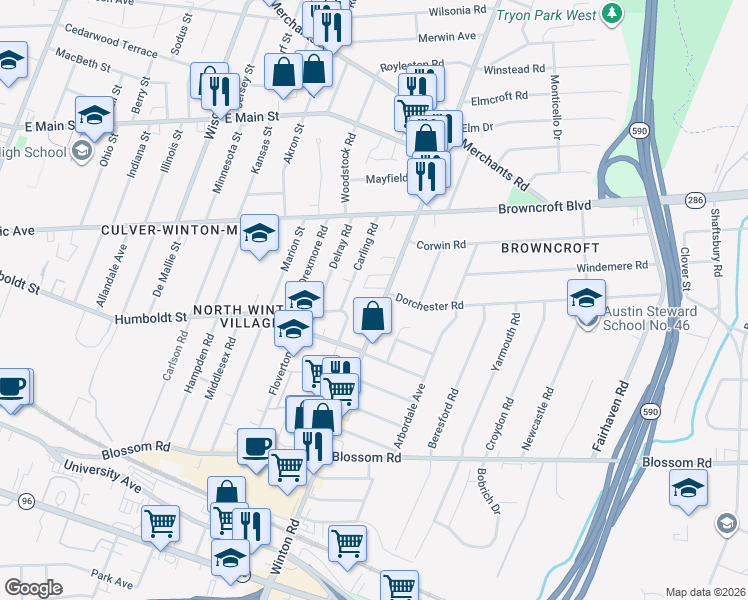 map of restaurants, bars, coffee shops, grocery stores, and more near 294 Carling Road in Rochester