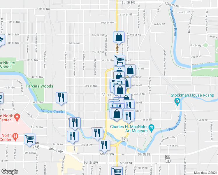 map of restaurants, bars, coffee shops, grocery stores, and more near 23 3rd Street Northwest in Mason City