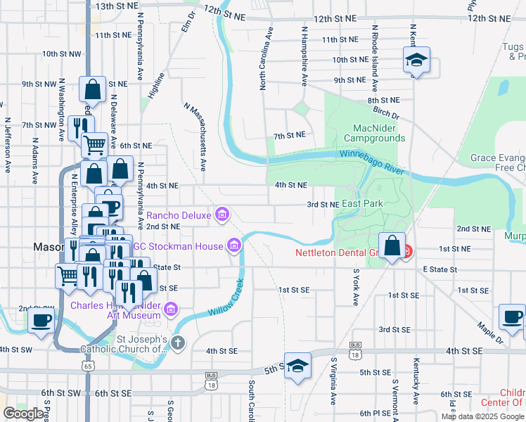 map of restaurants, bars, coffee shops, grocery stores, and more near 616 3rd Street Northeast in Mason City