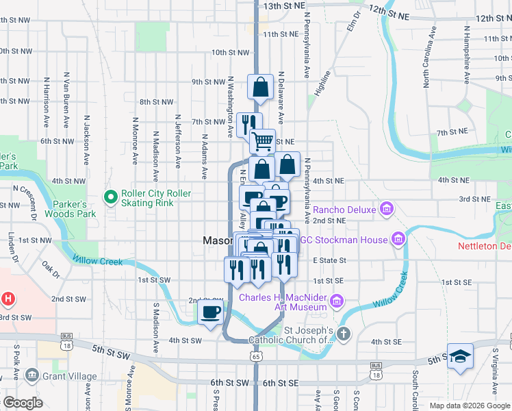 map of restaurants, bars, coffee shops, grocery stores, and more near 258 North Federal Avenue in Mason City