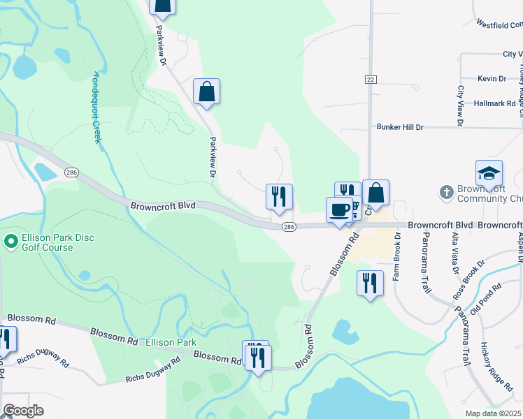 map of restaurants, bars, coffee shops, grocery stores, and more near 17 White Hill Drive in Rochester