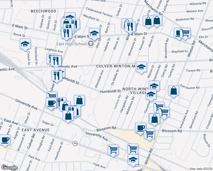map of restaurants, bars, coffee shops, grocery stores, and more near 55 De Mallie Street in Rochester