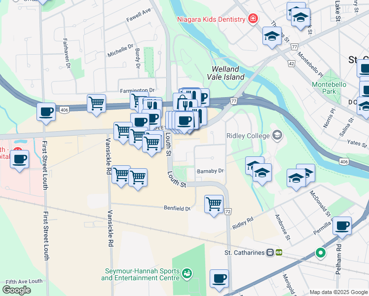 map of restaurants, bars, coffee shops, grocery stores, and more near 448 Louth Street in St. Catharines
