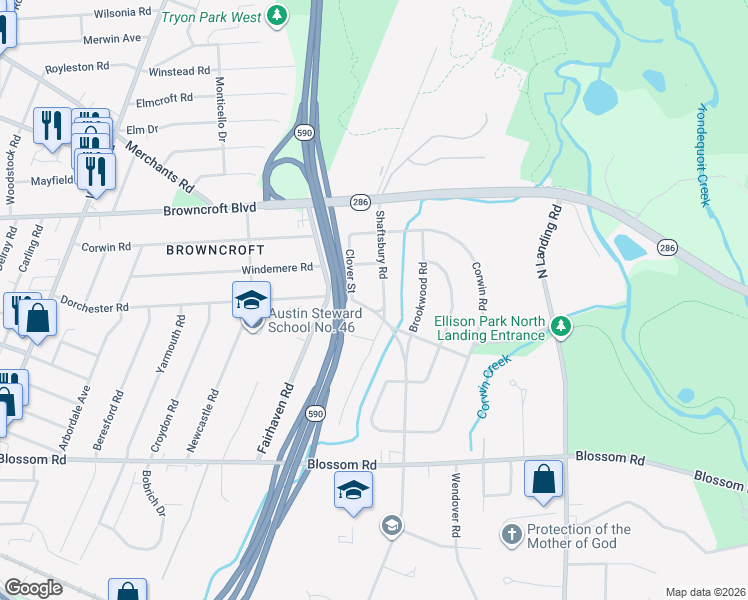map of restaurants, bars, coffee shops, grocery stores, and more near 117 Shaftsbury Road in Rochester