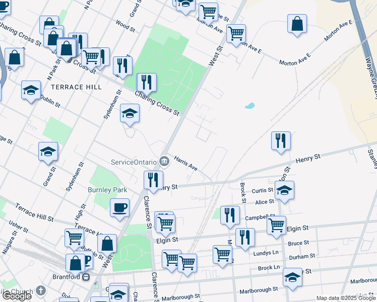 map of restaurants, bars, coffee shops, grocery stores, and more near 14 Harris Avenue in Brantford