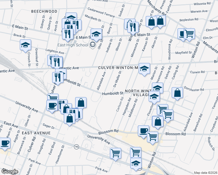 map of restaurants, bars, coffee shops, grocery stores, and more near 55 De Mallie Street in Rochester