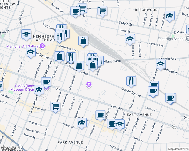 map of restaurants, bars, coffee shops, grocery stores, and more near 13 Elton Street in Rochester
