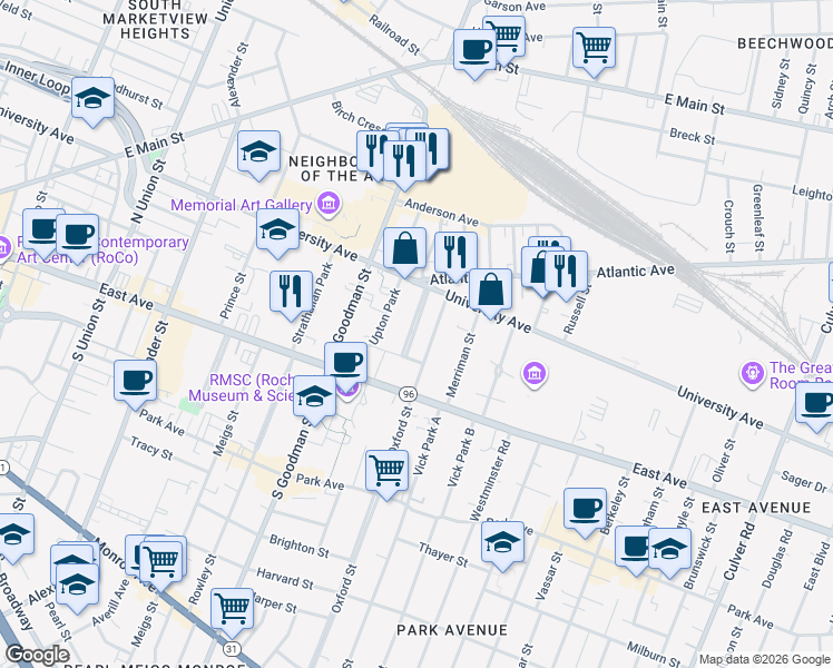 map of restaurants, bars, coffee shops, grocery stores, and more near 26 Rundel Park in Rochester