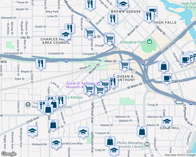 map of restaurants, bars, coffee shops, grocery stores, and more near 49 Madison Street in Rochester