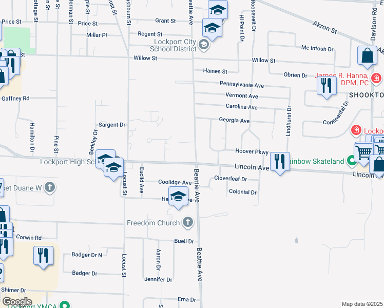 map of restaurants, bars, coffee shops, grocery stores, and more near 311 Beattie Avenue in Lockport