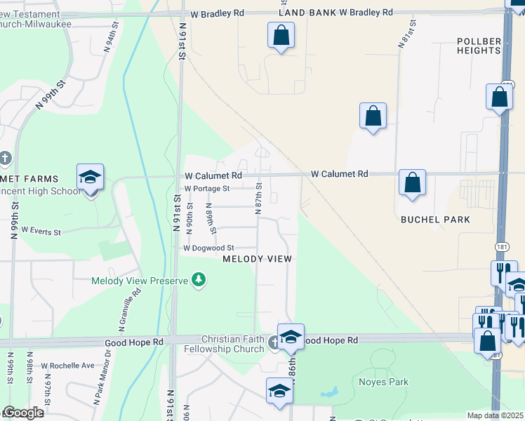 map of restaurants, bars, coffee shops, grocery stores, and more near 7518 North 87th Street in Milwaukee