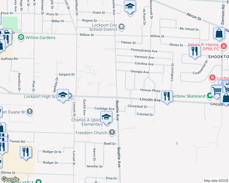 map of restaurants, bars, coffee shops, grocery stores, and more near 311 Beattie Avenue in Lockport