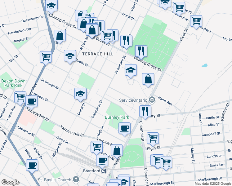 map of restaurants, bars, coffee shops, grocery stores, and more near 13 Kennedy Street in Brantford
