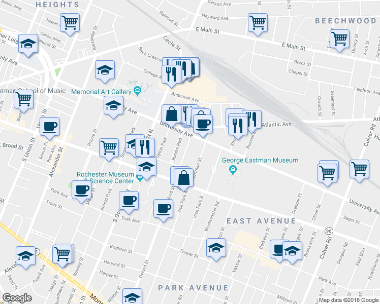 map of restaurants, bars, coffee shops, grocery stores, and more near 42 Oxford Street in Rochester