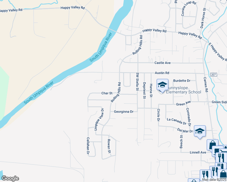 map of restaurants, bars, coffee shops, grocery stores, and more near 306 Char Street in Roseburg