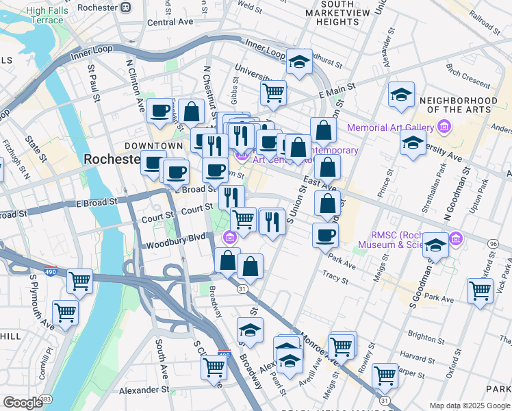map of restaurants, bars, coffee shops, grocery stores, and more near 10 Manhattan Square Drive in Rochester